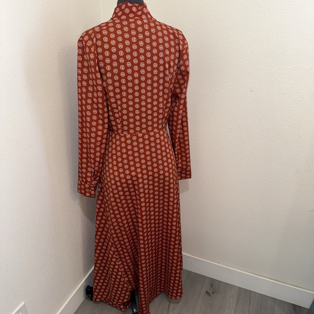 Topshop‎ Horse Coin Print Long Sleeve Midi Dress Orange Geometric Womens Sz 10 - Picture 7 of 9